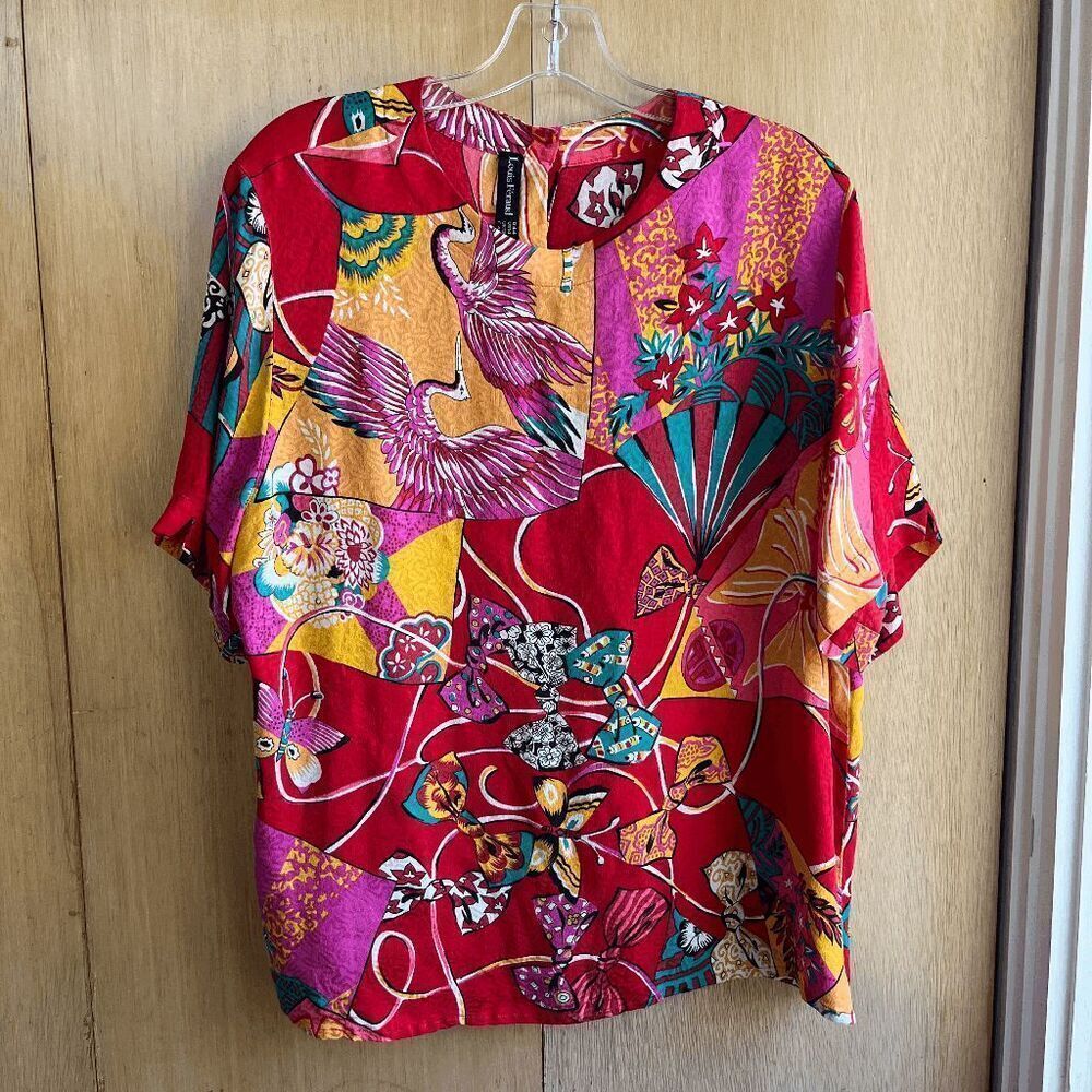 Louis Feraud Red Multicolor Floral Crane Print Silk Blouse